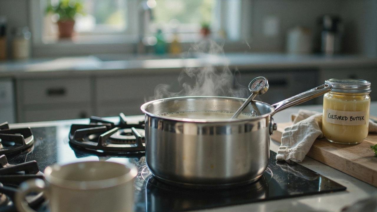 Raw milk warming gently in a saucepan on a stovetop burner.