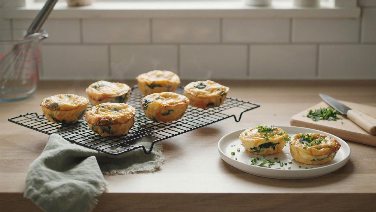 Freshly baked spinach mushroom egg bites cooling before serving.