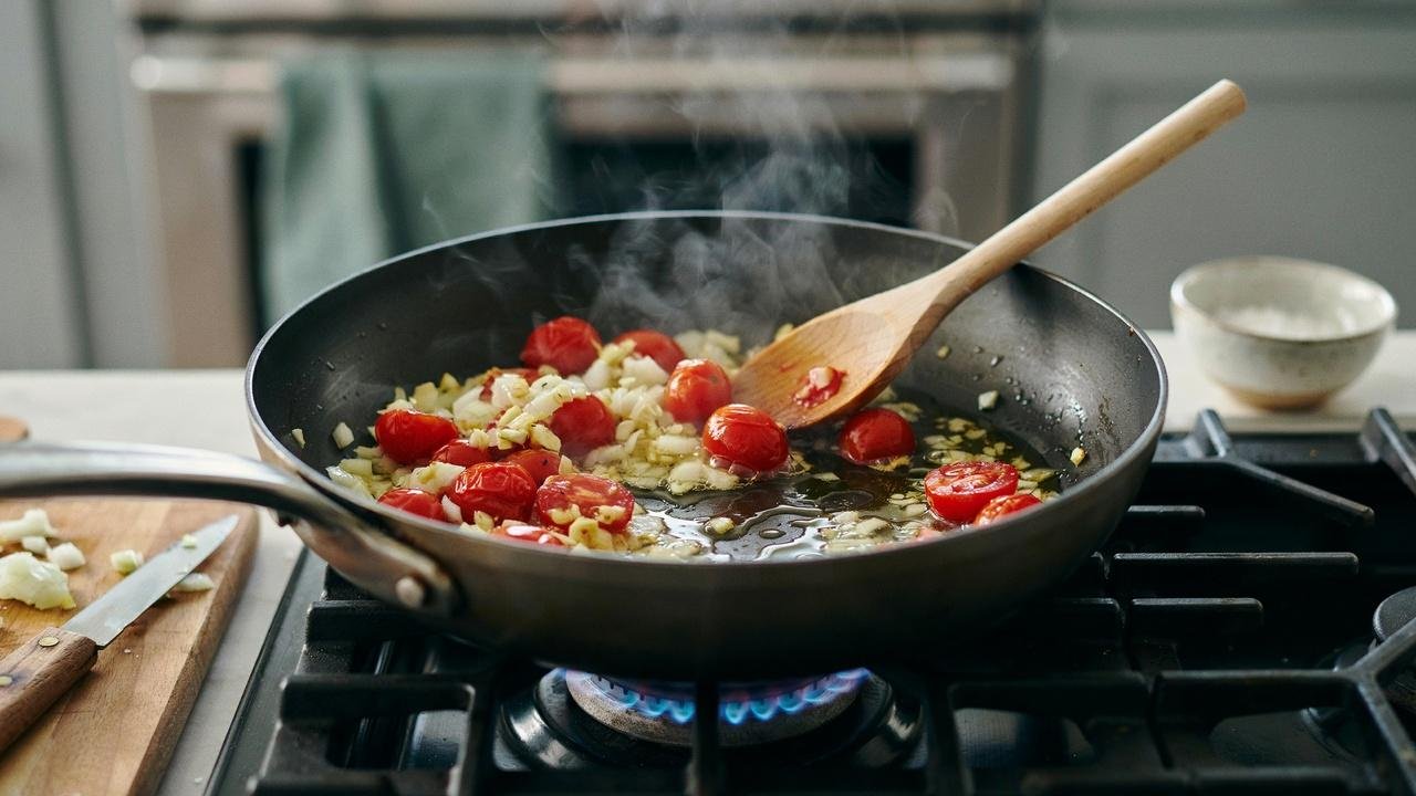 Onion, garlic, and cherry tomatoes sautéing in olive oil to build the flavorful base for creamy Tuscan chickpeas.