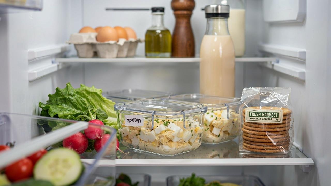 High protein egg salad stored in airtight meal prep containers with fresh vegetables for easy lunches.