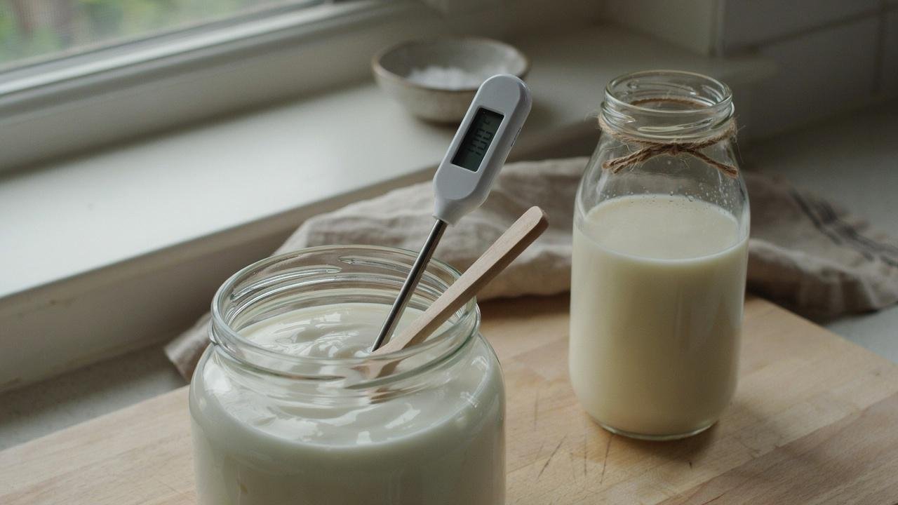 A thermometer beside raw milk yogurt jars showing ideal fermentation temperature range.