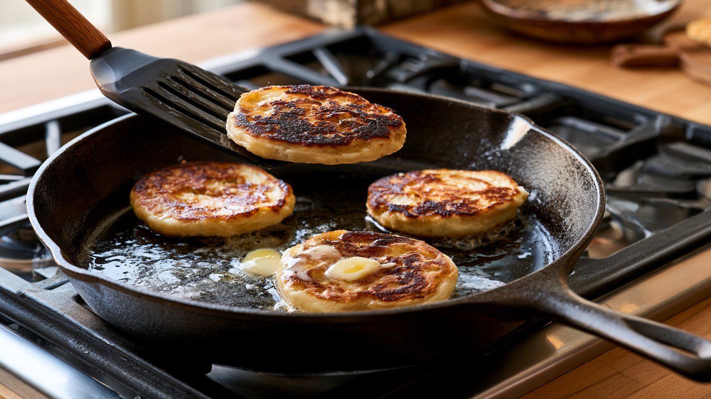 Golden apple cottage cheese pancakes cooking in a skillet.