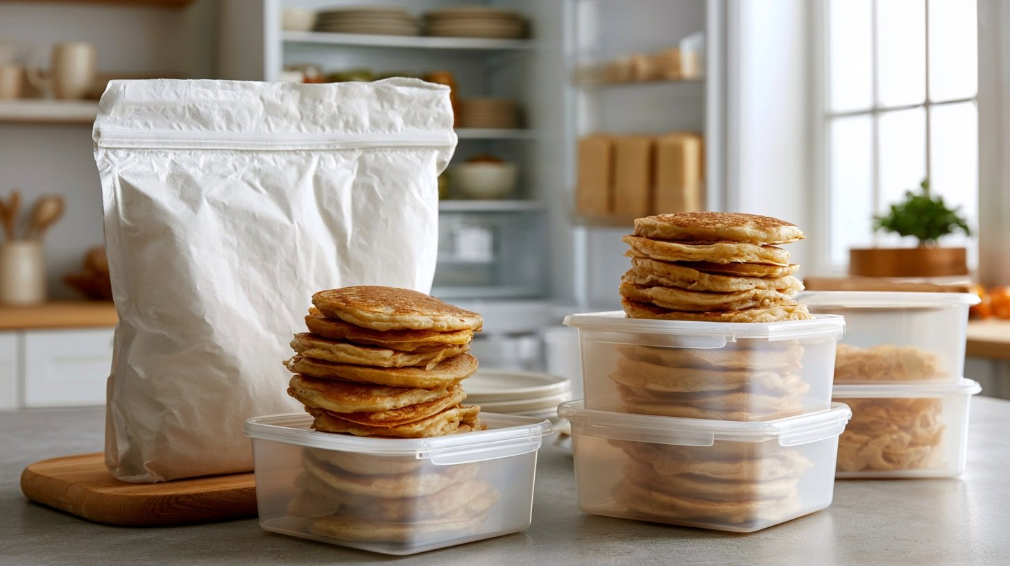 Storing apple cottage cheese pancakes for later.
