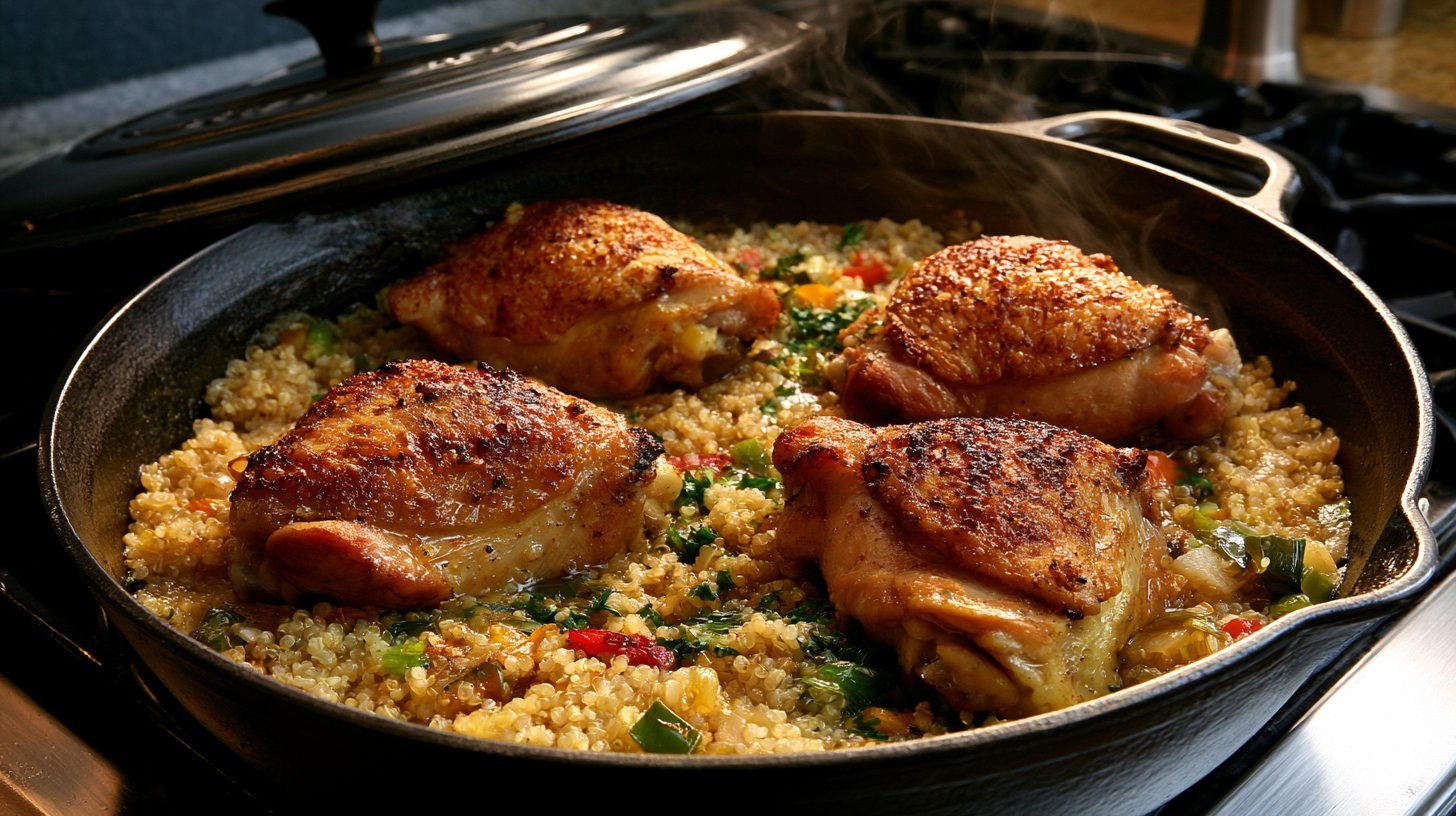 Chicken finishing cooking with quinoa in one pan.