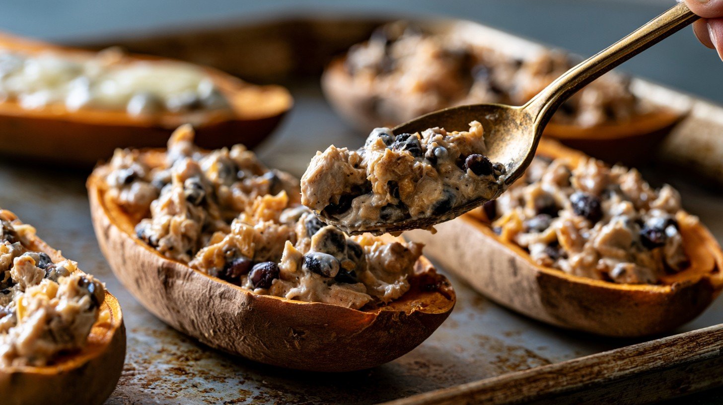 Stuffing baked sweet potato skins with a high-protein filling.