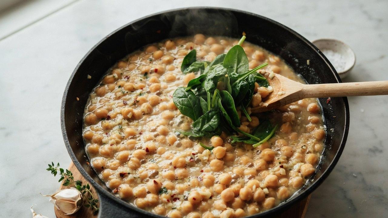 Fresh spinach stirred into creamy Tuscan chickpeas until tender while keeping its bright green color.