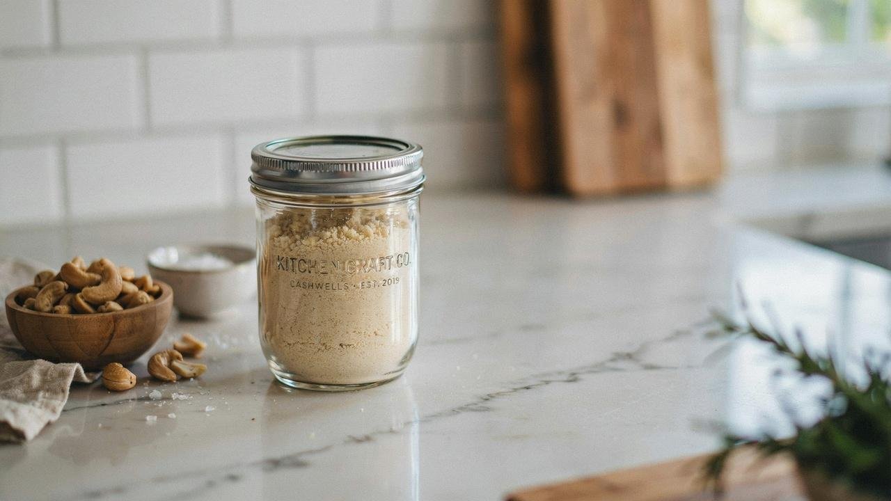 Homemade cashew parmesan stored in a sealed glass jar for fresh, long-lasting storage.