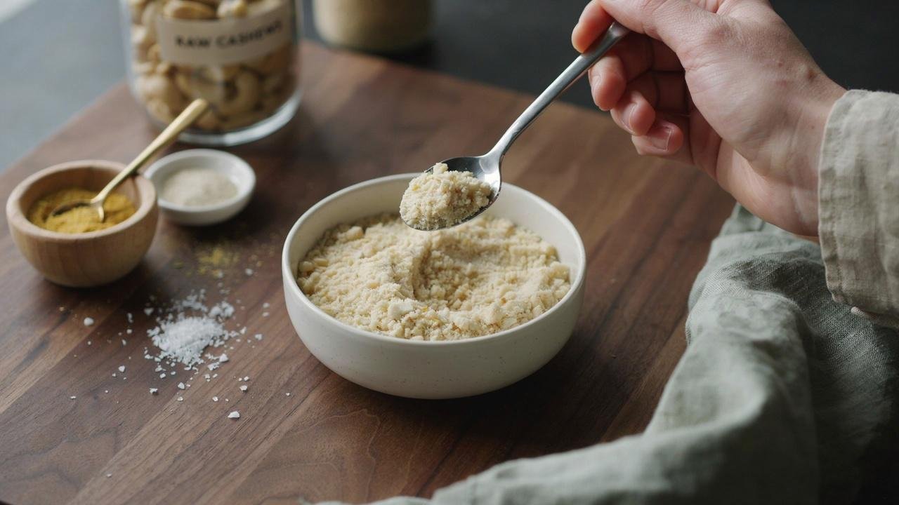 Homemade cashew parmesan being tasted and adjusted with extra nutritional yeast and seasonings.