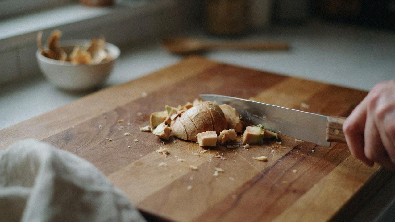 Dried avocado seed peeled and chopped into small pieces before brewing tea.