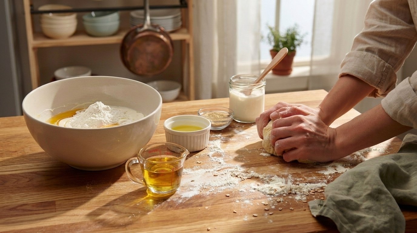 Mixing and kneading healthy cinnamon roll dough until smooth before letting it rise in a greased bowl.