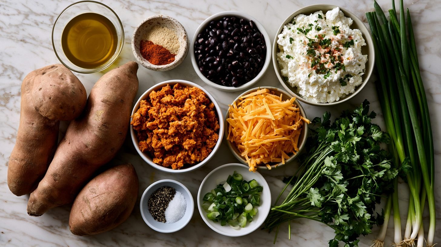 Ingredients needed to make high-protein sweet potato boats.