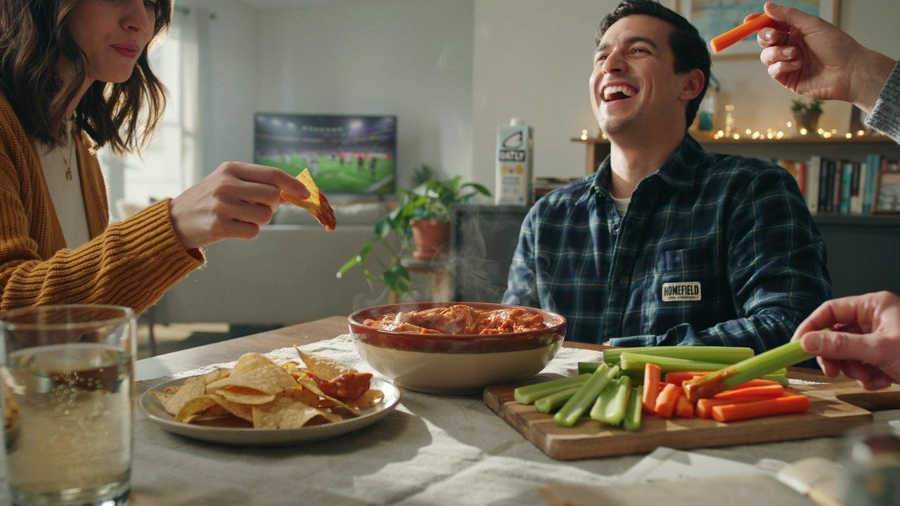 Friends enjoying dairy free buffalo chicken dip at a game day party.