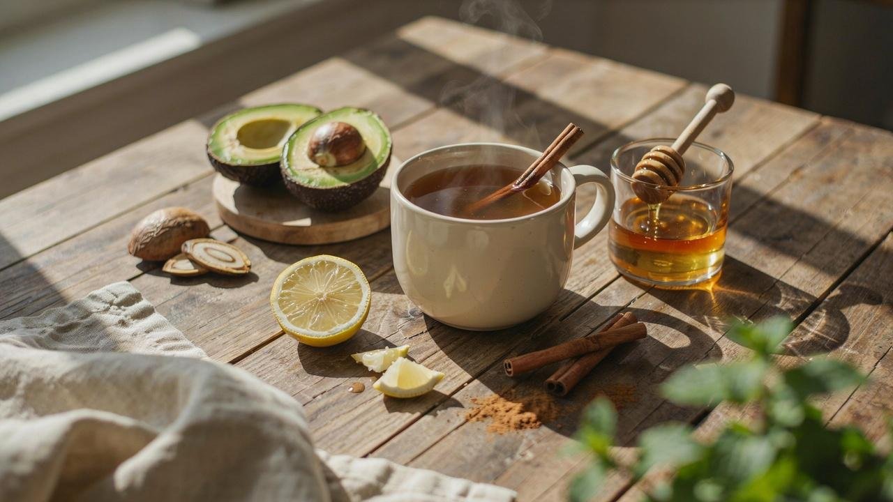 Homemade avocado seed tea served with fresh avocado, honey, lemon, and cinnamon on a wooden table.