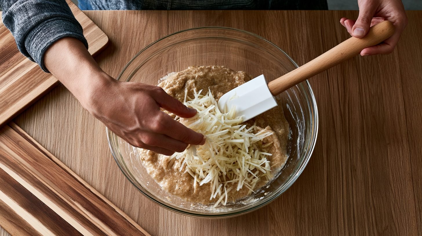 Folding grated apple into pancake batter.