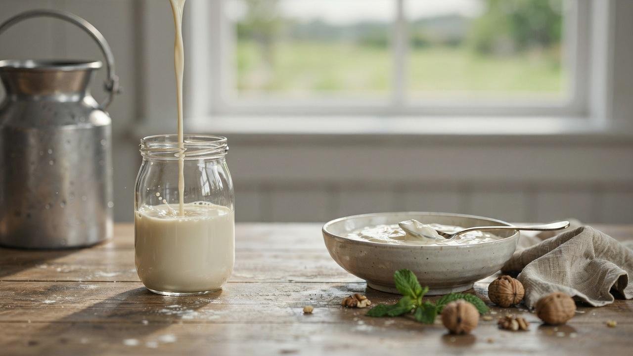 Raw milk and homemade yogurt displayed on a rustic wooden table.