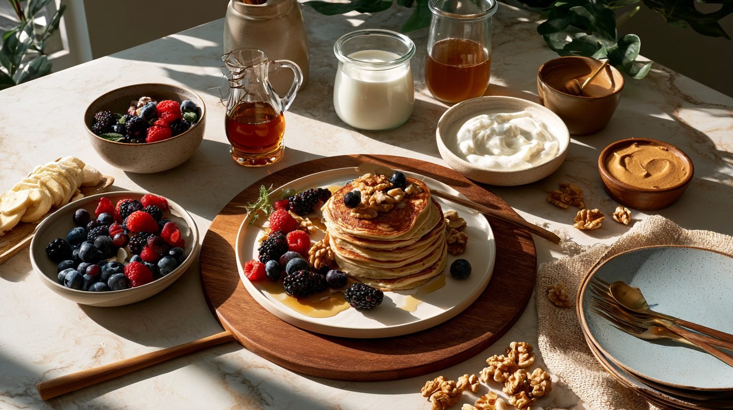 Breakfast toppings served with apple cottage cheese pancakes.