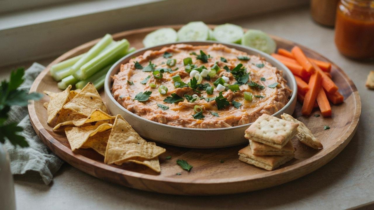 Dairy free buffalo chicken dip garnished and served with fresh vegetables and chips.