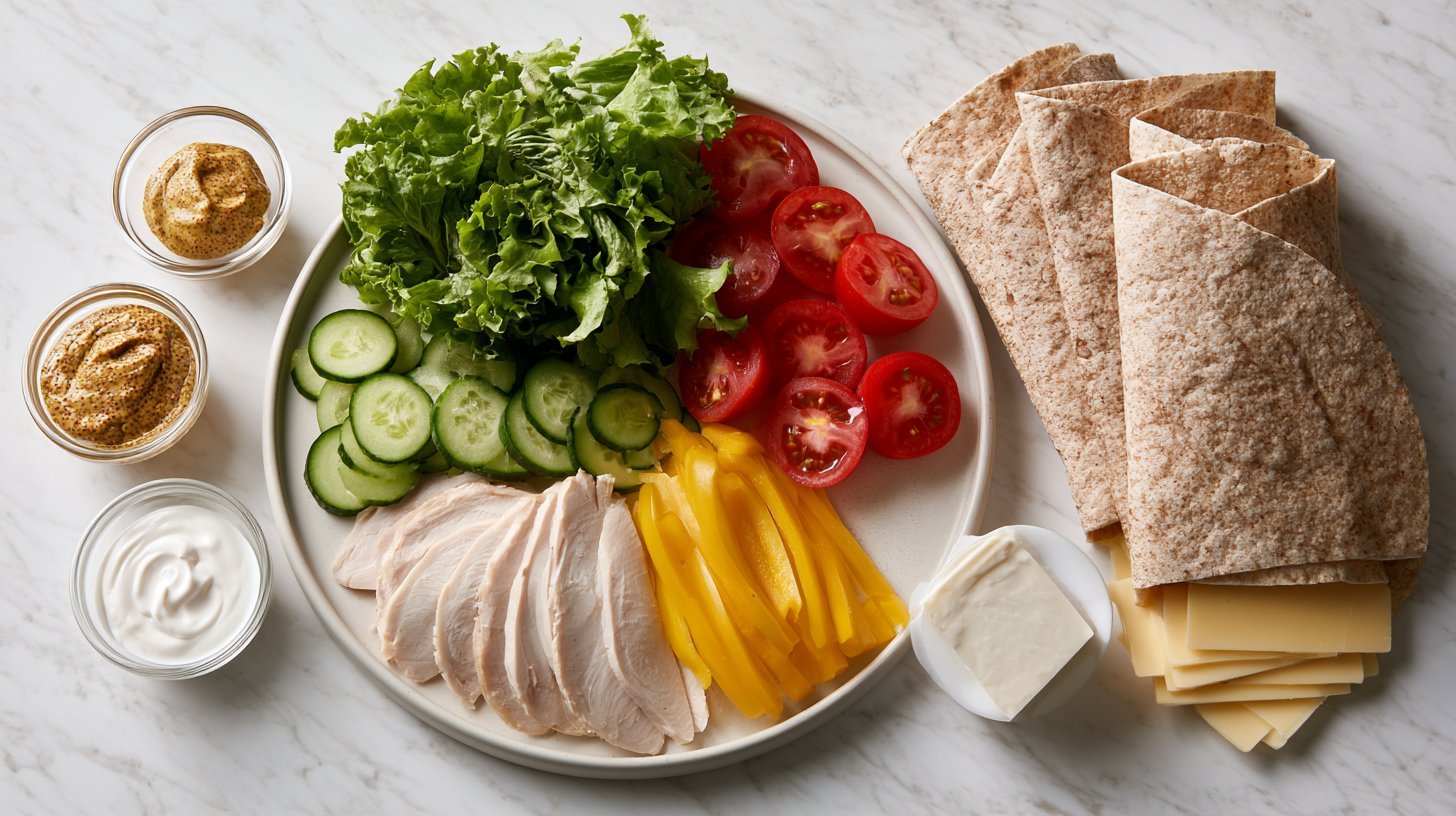 Fresh ingredients for making healthy turkey wraps at home.