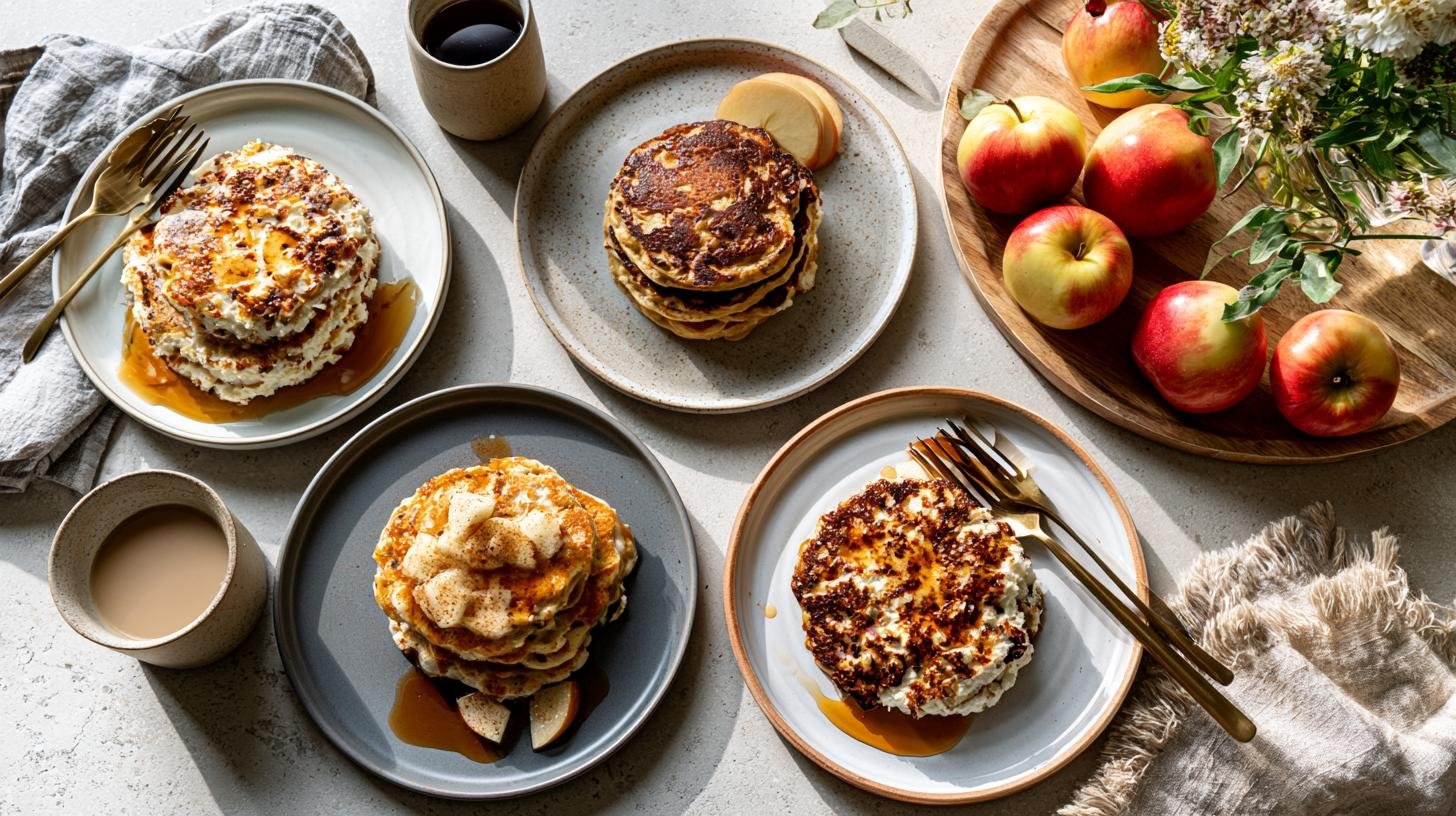 Different variations of apple cottage cheese pancakes.
