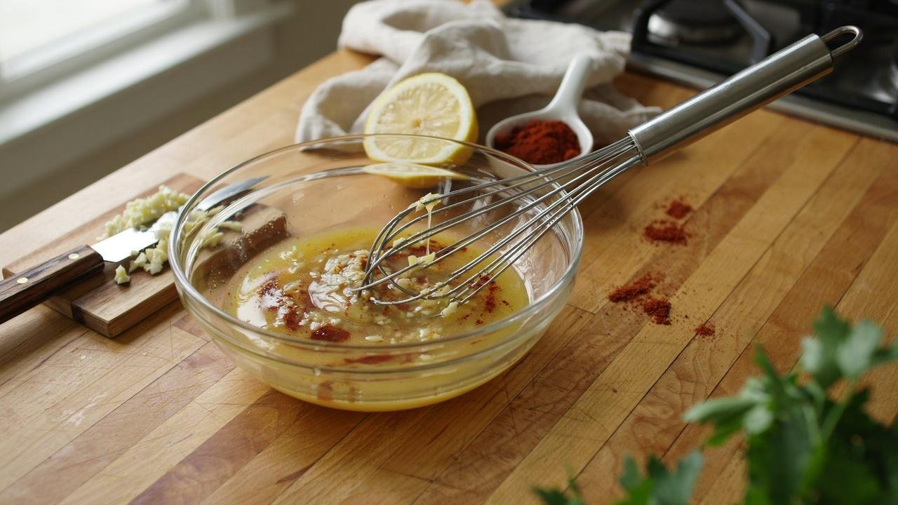 Lemon garlic butter mixture being whisked together for baked flounder.