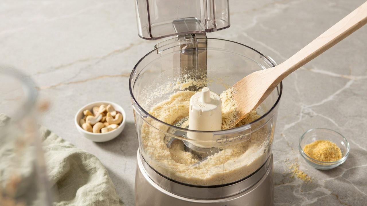 Cashew parmesan ingredients blended into a fine, crumbly texture inside a food processor.