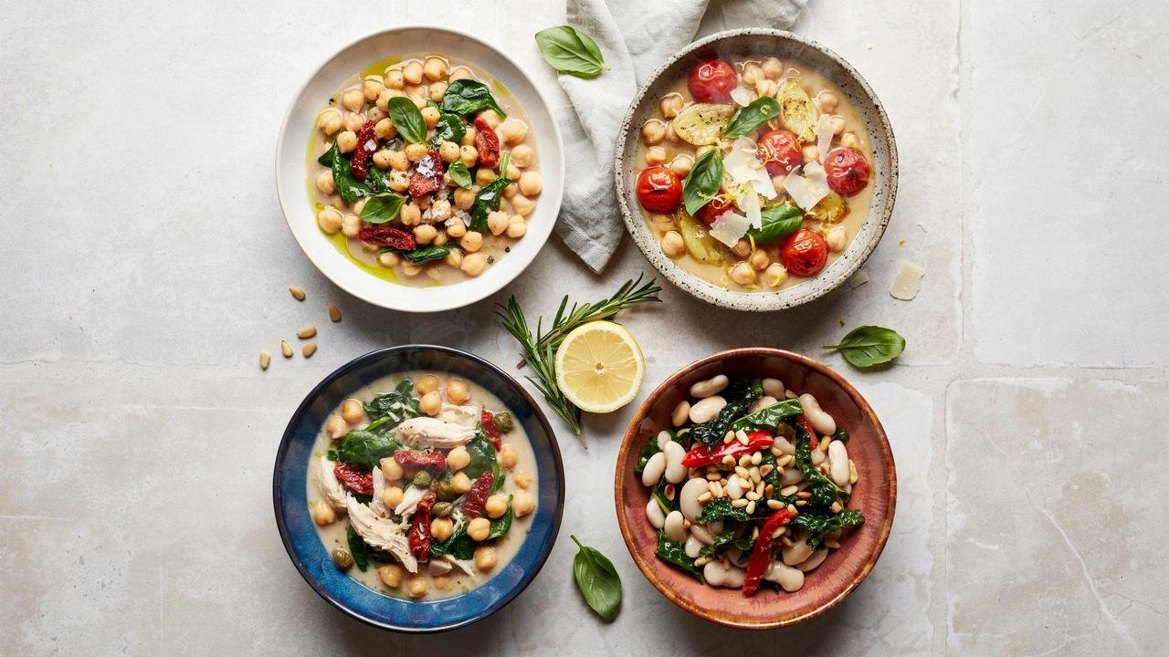 Different variations of creamy Tuscan chickpeas including vegan, chicken, Marry Me, and butter bean versions.