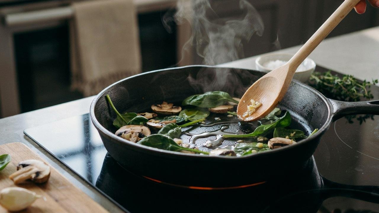 Spinach, mushrooms, and garlic sautéing in a skillet for egg bites.