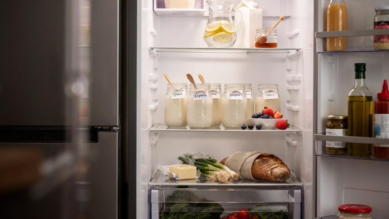 Homemade raw milk yogurt stored in sealed airtight mason jars in a refrigerator.