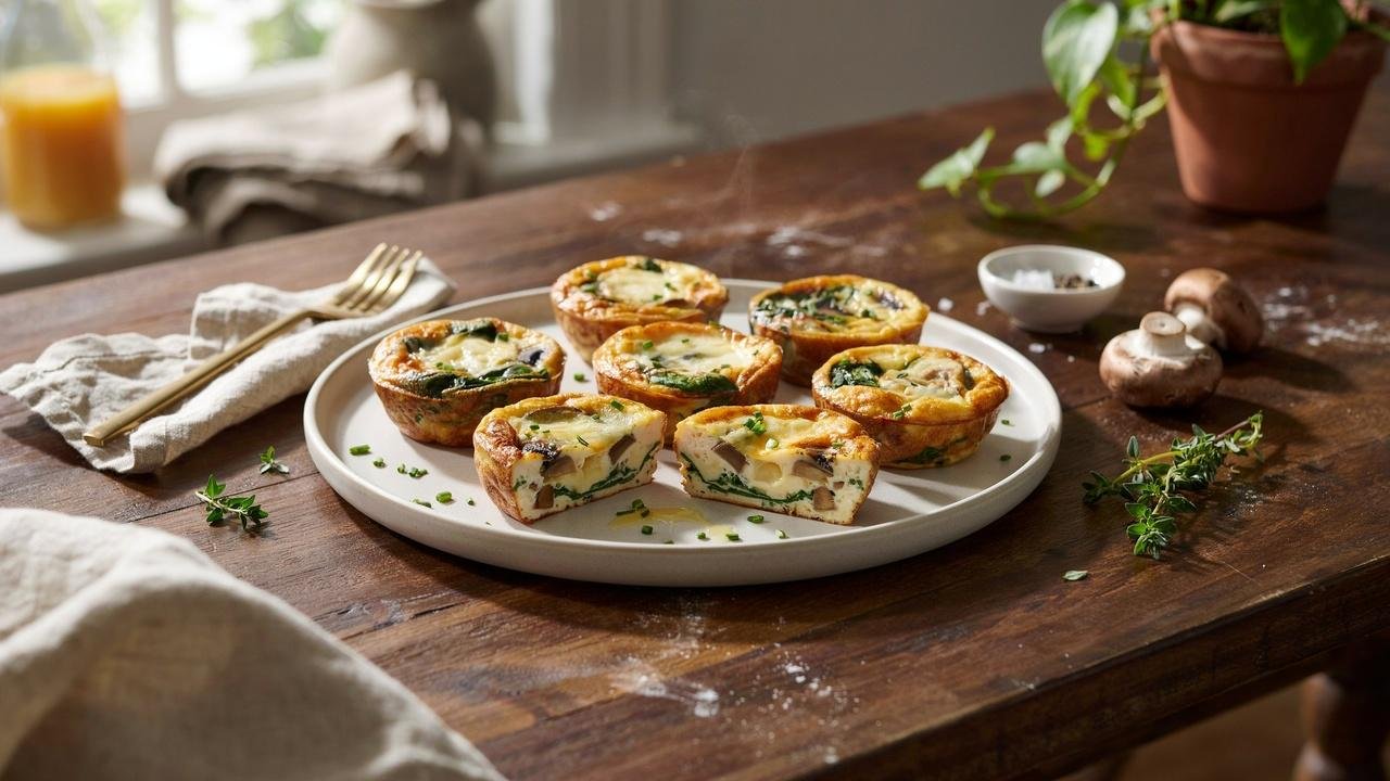 Homemade spinach mushroom egg bites with cheese, spinach, and mushrooms on a breakfast plate.