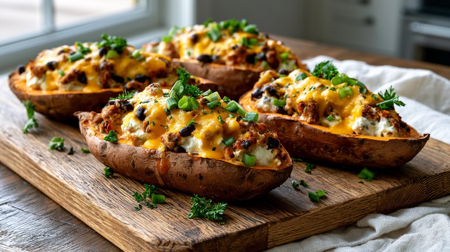 High-protein sweet potato boats with cheesy turkey and black bean filling.