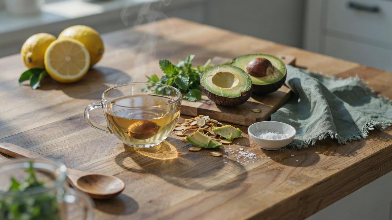 Fresh avocado seed tea with natural ingredients highlighting its potential wellness benefits.