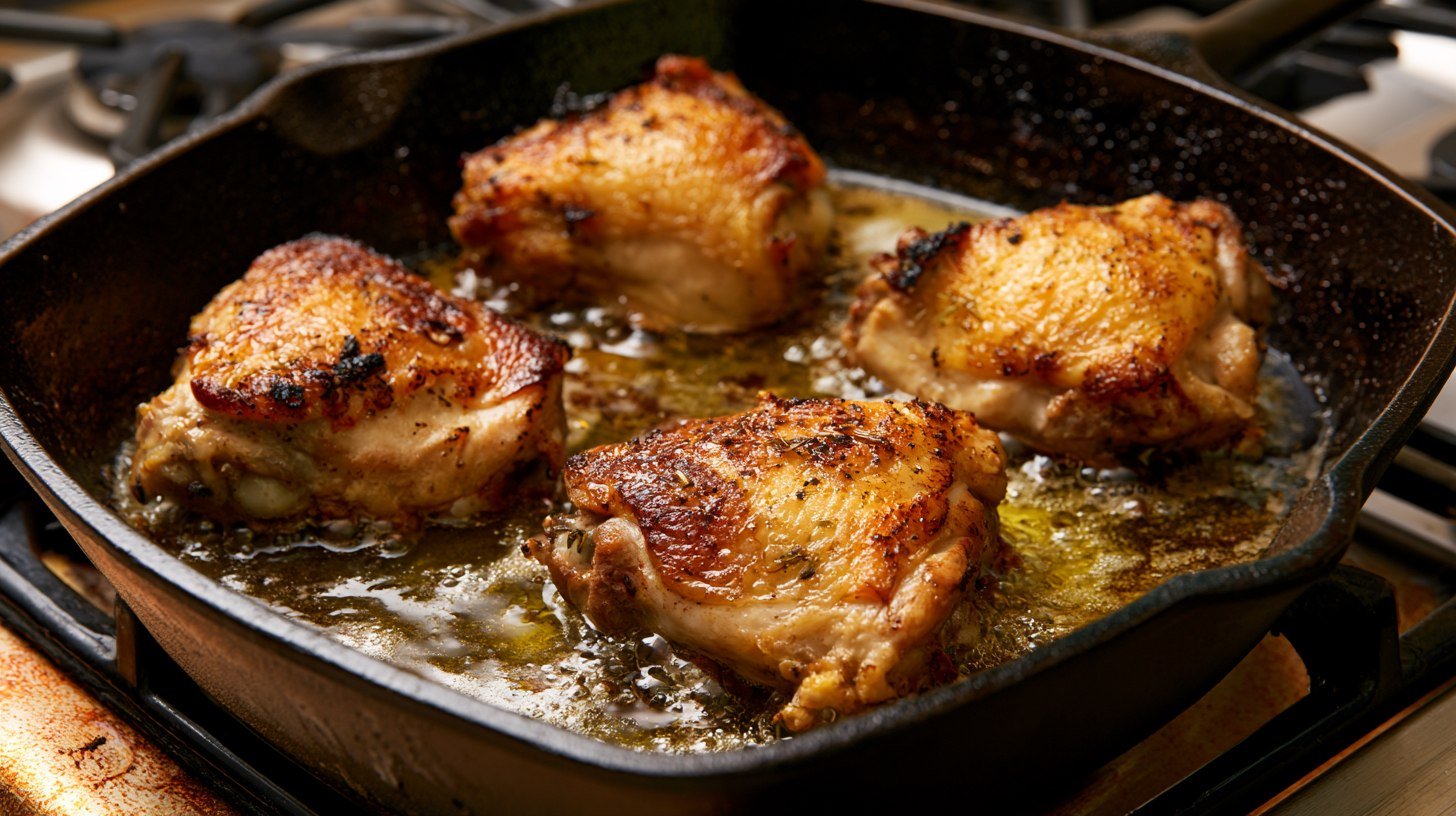 Browning chicken in a skillet for quinoa con pollo.