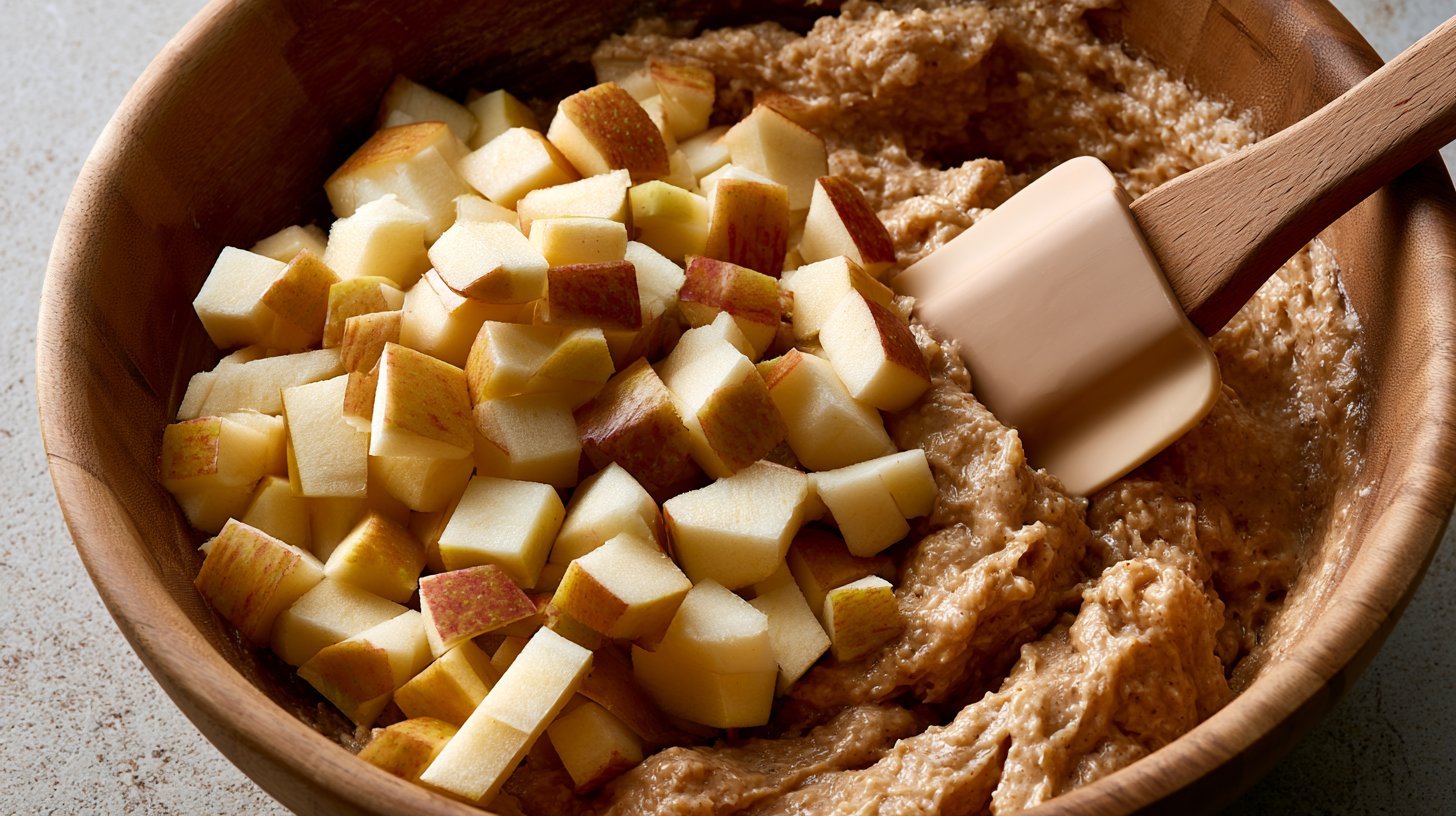 Folding diced apples into healthy apple bread batter.