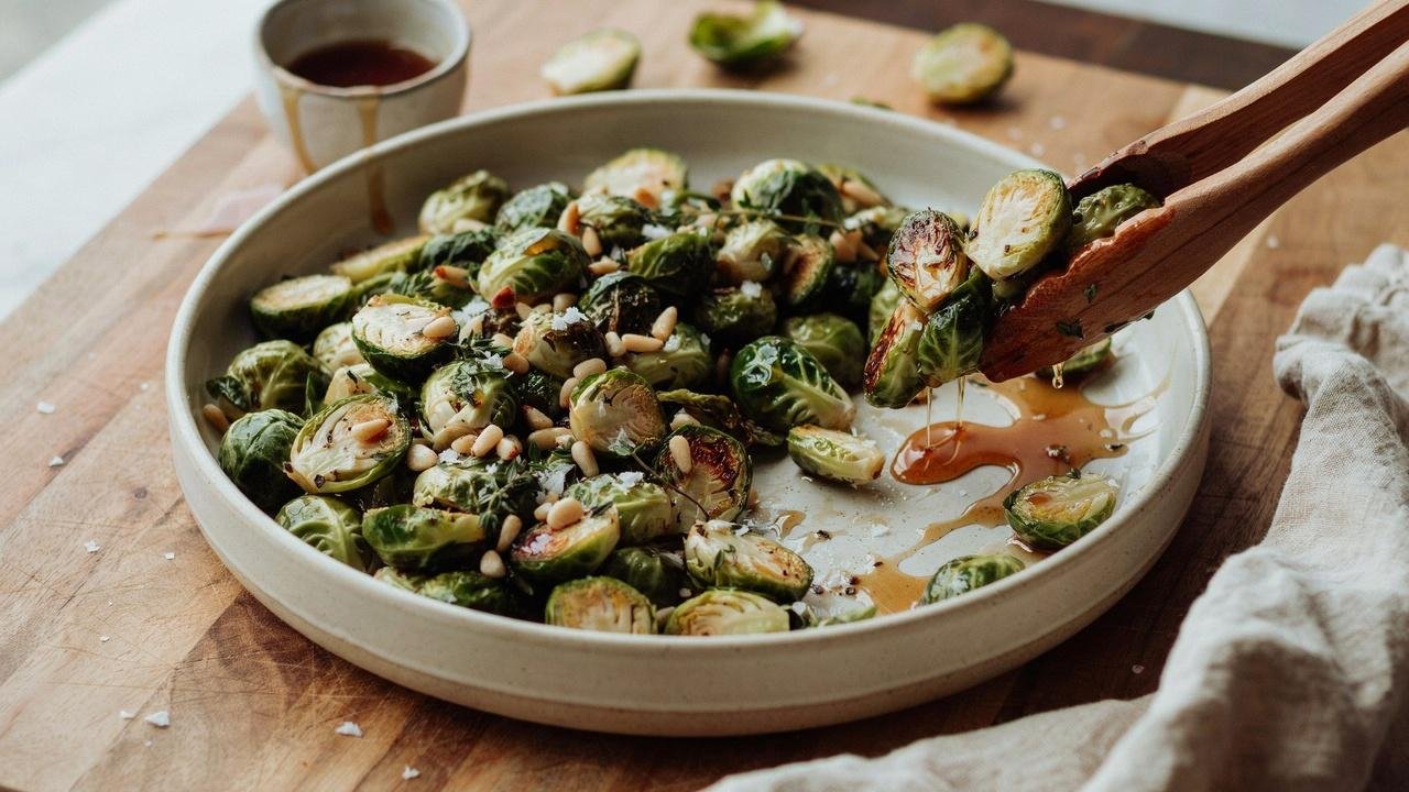 Crispy roasted Brussels sprouts coated in warm honey balsamic glaze and ready to serve immediately.