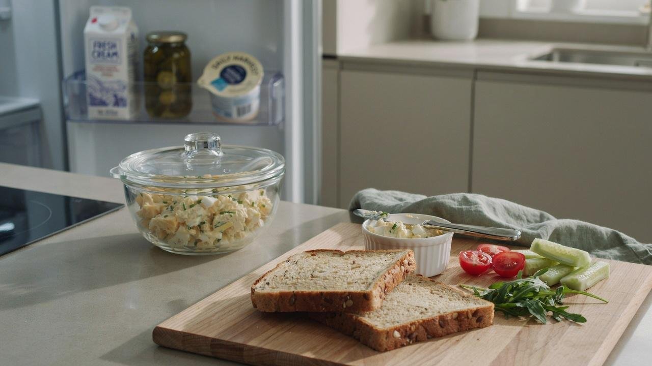 Chilled high protein egg salad served cold with toast and fresh vegetables for a healthy meal.