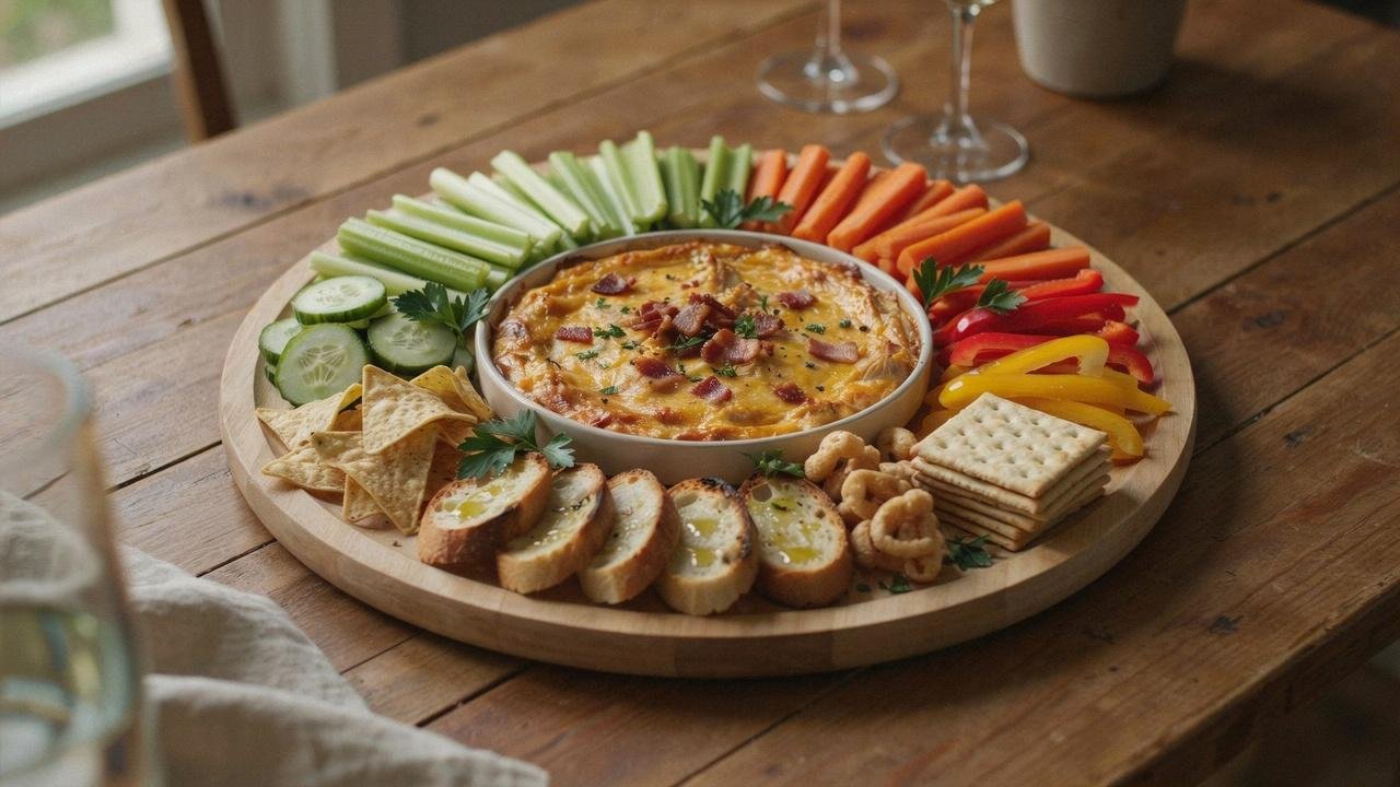 Dairy free buffalo chicken dip served with vegetables, crackers, bread, and low-carb dippers.