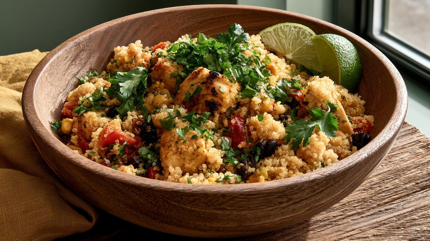 Finished quinoa con pollo garnished with cilantro and lime.