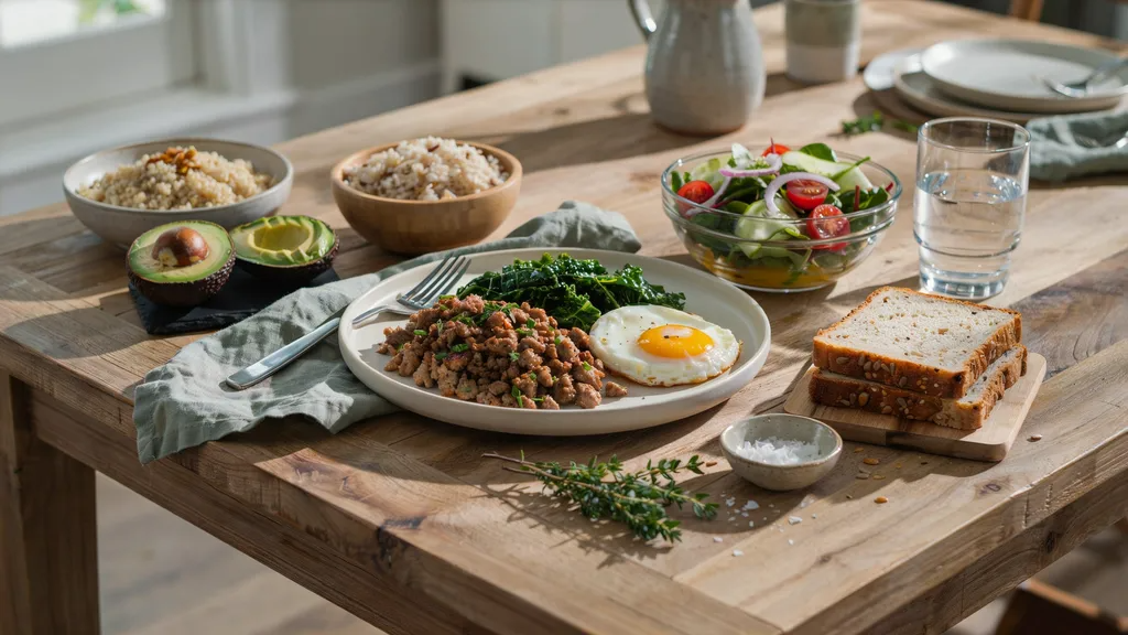 Side dishes served with ground turkey and kale.
