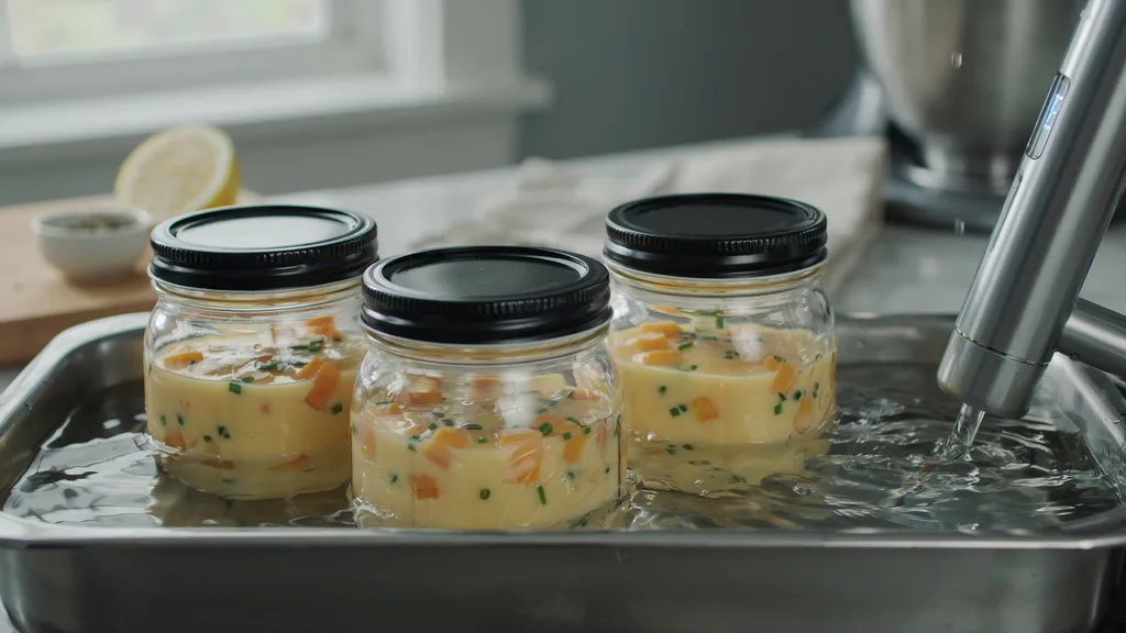 Mason jars cooking in a sous vide water bath.