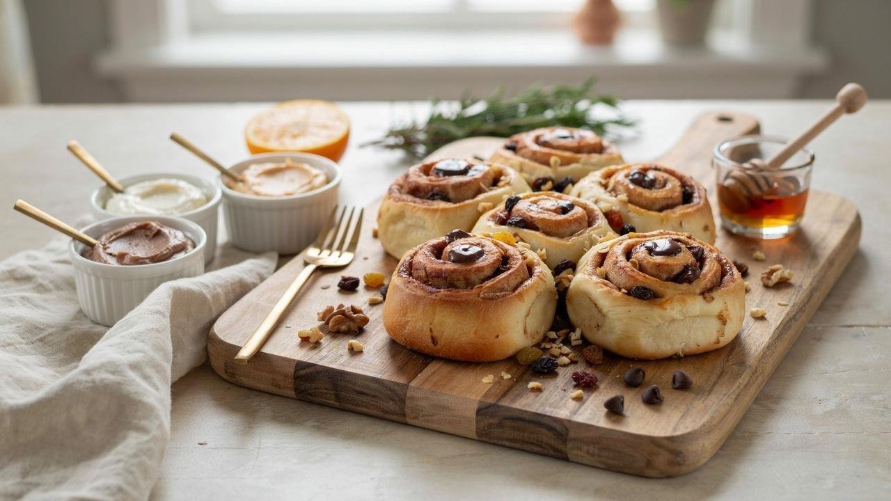 Healthy cinnamon rolls customized with different toppings and dietary-friendly ingredients.
