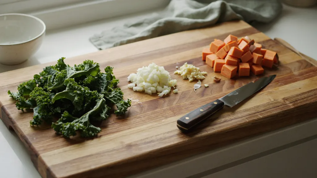 Fresh vegetables prepared for cooking.