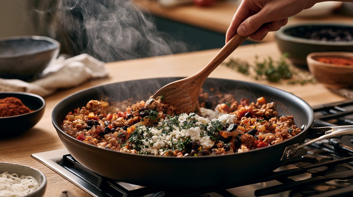 Protein-rich filling cooking for sweet potato boats.