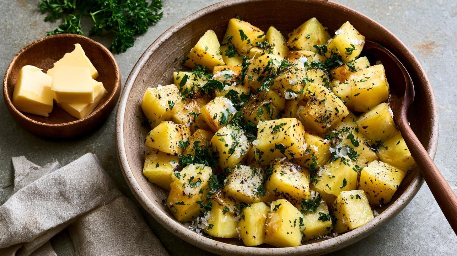Finished sauteed kohlrabi topped with butter and fresh herbs.