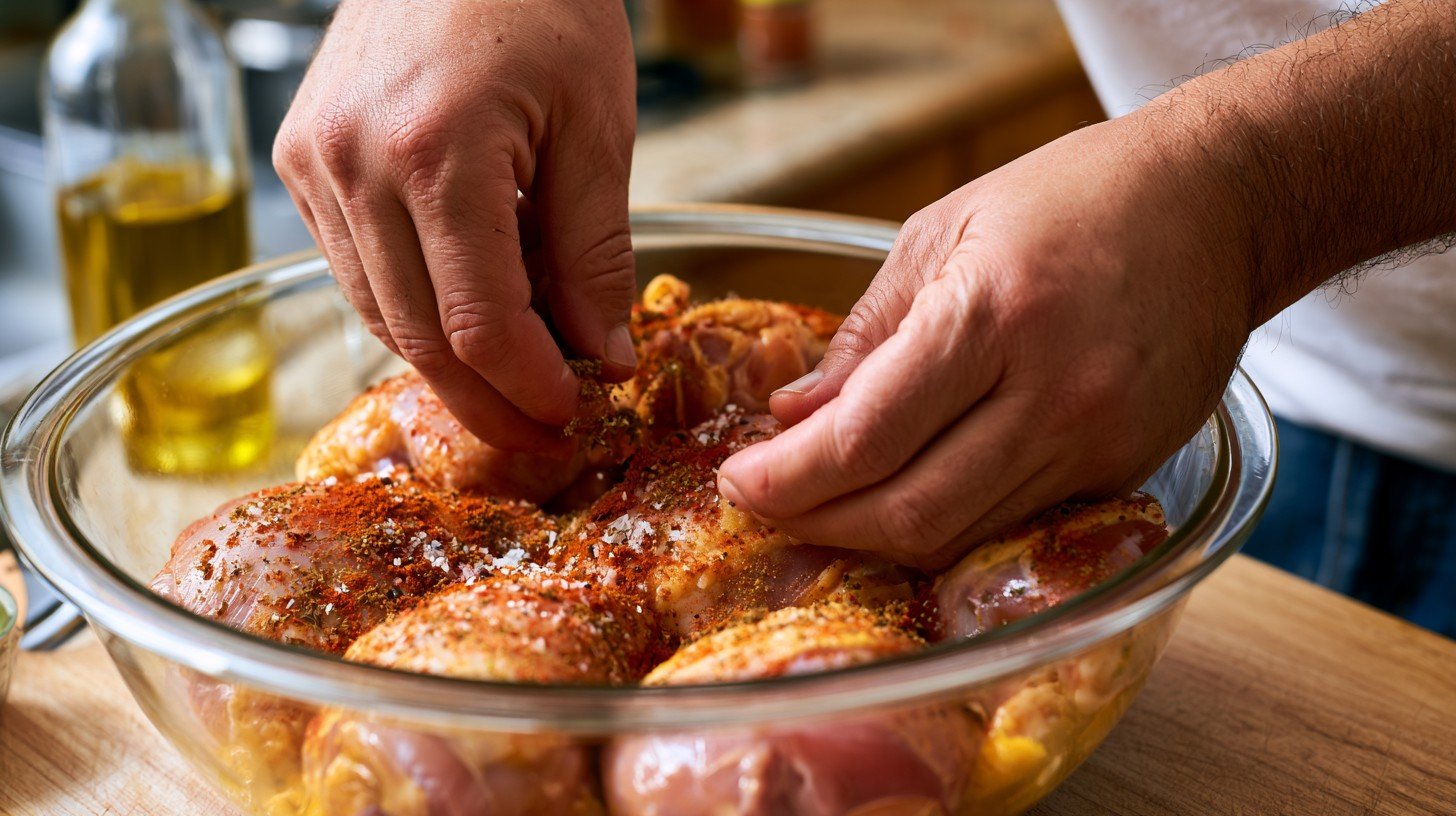 Seasoning chicken with spices for quinoa con pollo.