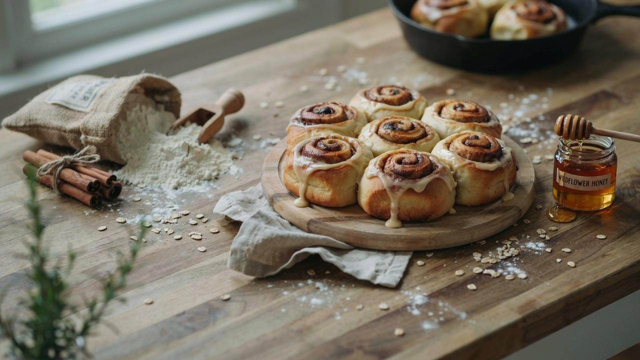 Fresh healthy cinnamon rolls topped with creamy frosting and served on a wooden table with wholesome baking ingredients.