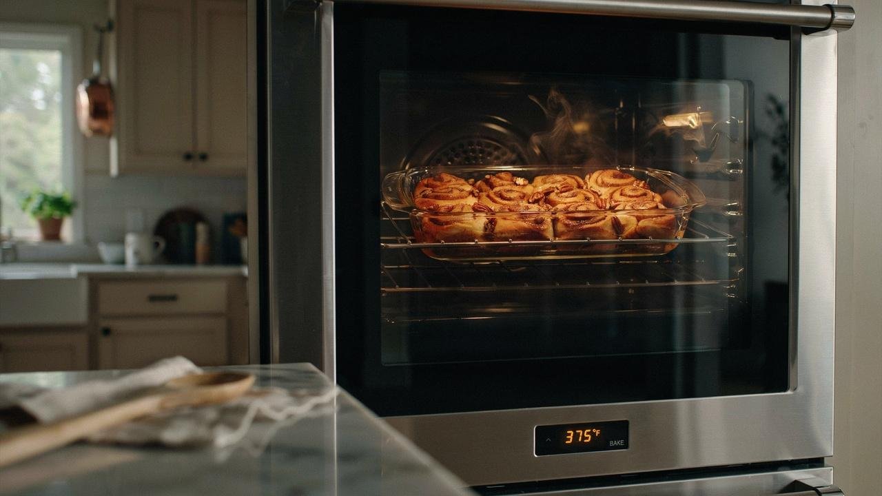 Healthy cinnamon rolls baking in a pan until soft, fluffy, and lightly golden.