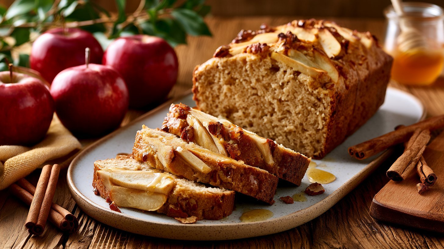 Sliced healthy apple bread served for breakfast with fresh apples.