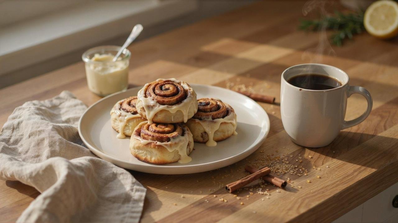 Warm healthy cinnamon rolls covered with creamy frosting and served fresh from the oven.