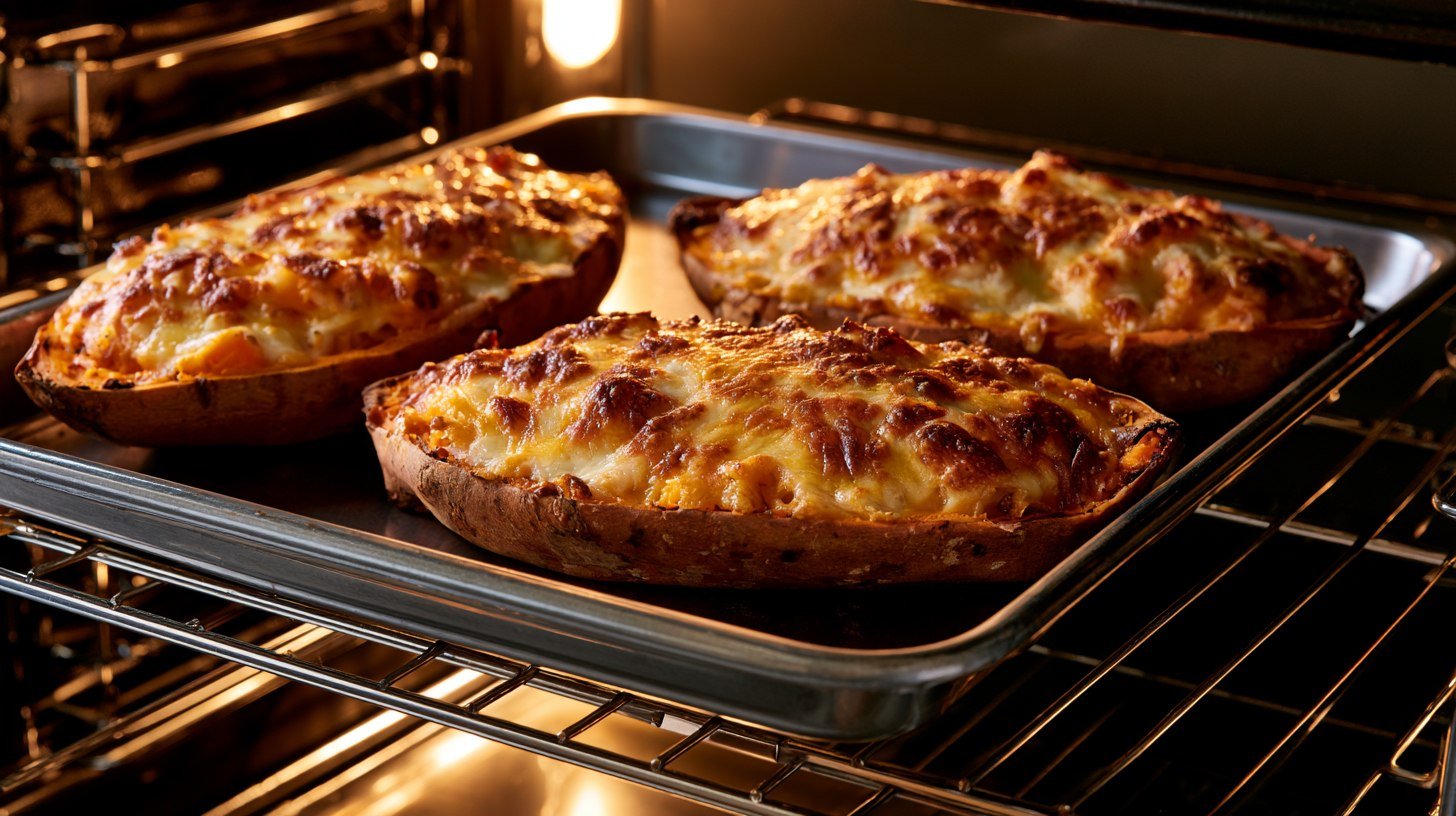 Sweet potato boats baking with melted cheese on top.