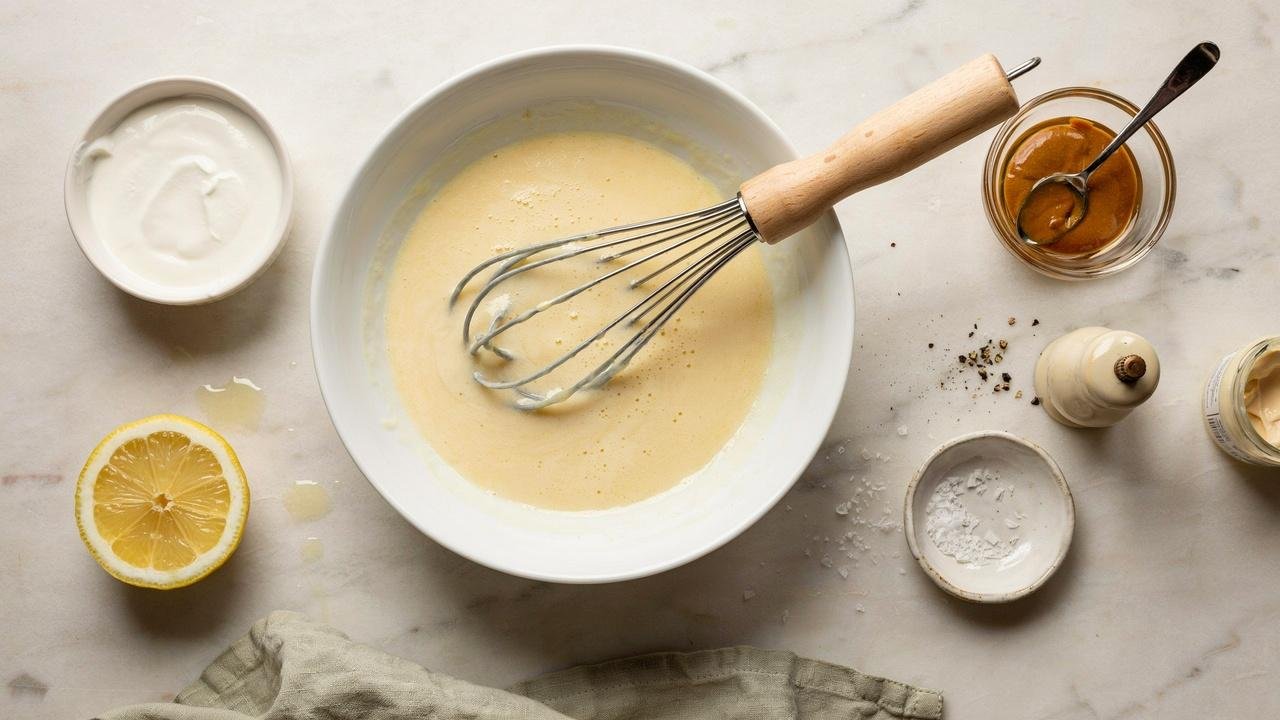 Creamy Greek yogurt dressing mixed with mustard, lemon juice, and seasonings for high protein egg salad.